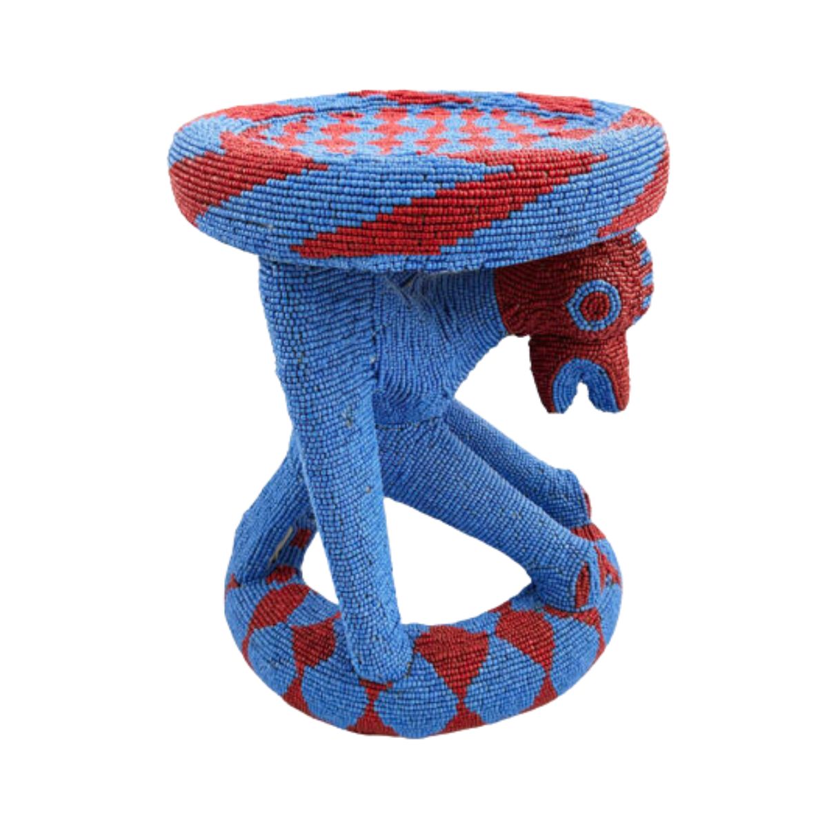 Royal Beaded Bamileke Stool Bird Blue Red - Image 2