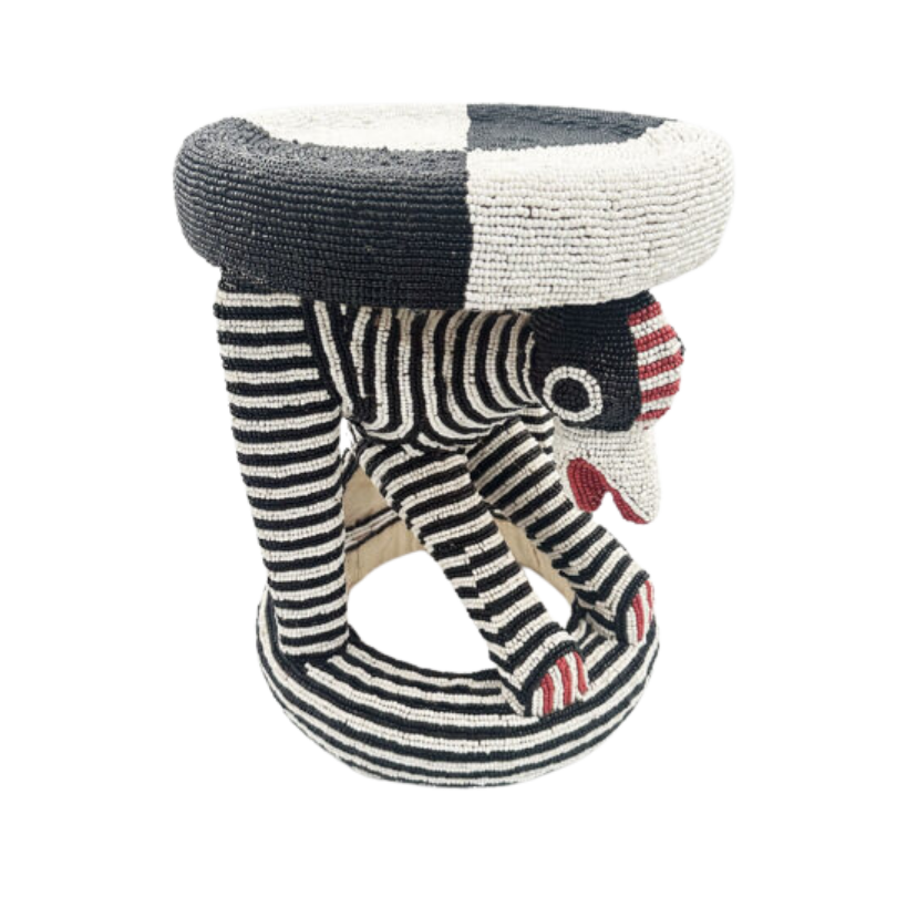 Royal Beaded Bamileke Stool Bird Black Red Stripes