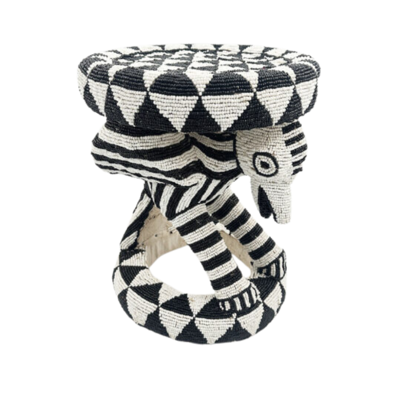 Royal Beaded Bamileke Stool Bird Black White