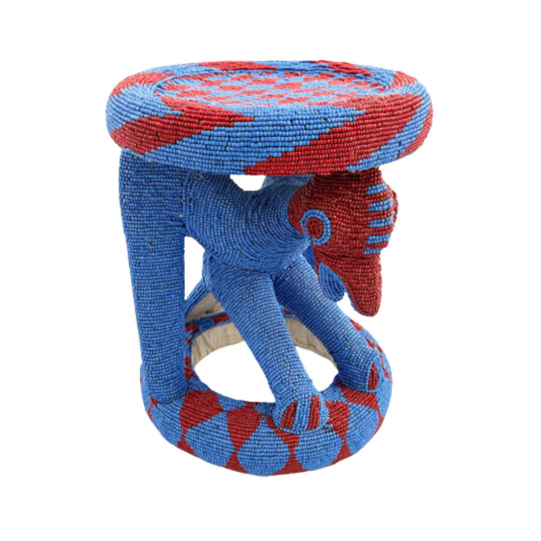 Royal Beaded Bamileke Stool Bird Blue Red