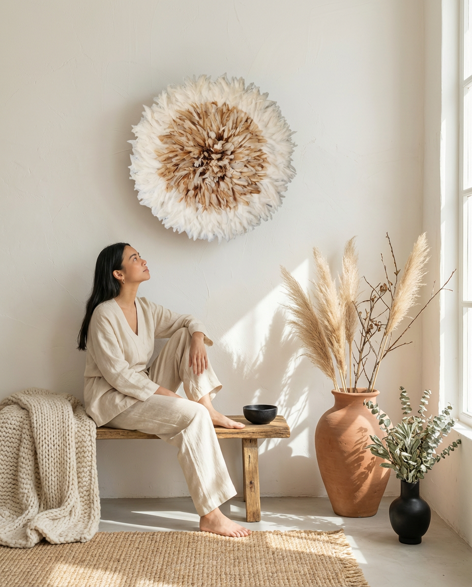 african juju hat natural wall hanging interior design artisanat feather organic juju hatt natur väggdekoration decorazione murale decoración mural ديكور جداري 非洲自然墙面装饰 日本ナチュラル壁飾り