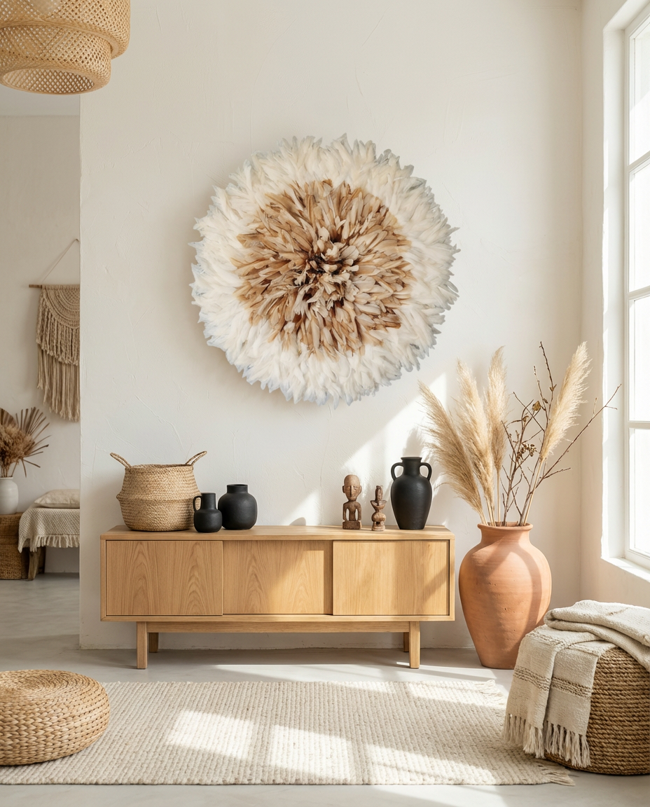 african juju hat minimal wall decor interior styling artisanat feather purity juju hatt minimalist väggdekoration decorazione murale decoración mural ديكور جداري 非洲极简墙面装饰 日本ミニマル壁飾り