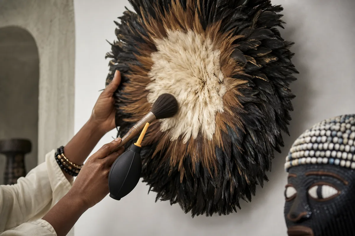 Gently dusting a Juju Hat with a soft brush while supporting the feathers from behind.