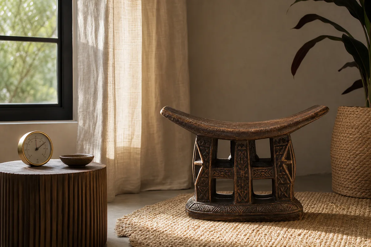Bamileke stool in indirect light with a hygrometer nearby to monitor humidity.