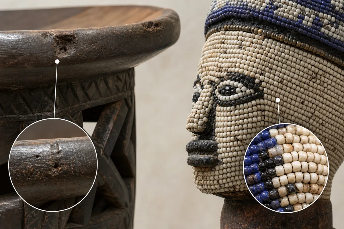 Close-up of hand-carved Bamiléké stool and a beaded head showing tool marks, irregular beadwork, and handmade structure.