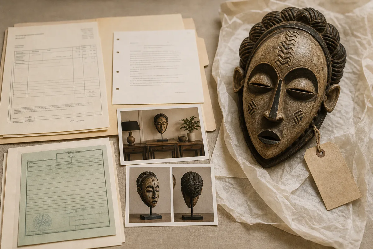 Provenance folder with receipt, artisan details, export permit and in-situ photos of the piece.
