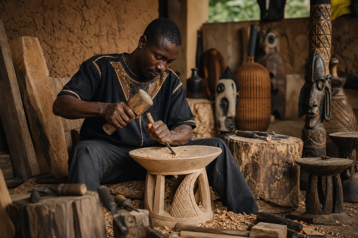 Cameroonian artisan carving a traditional Bamiléké stool in a workshop.
