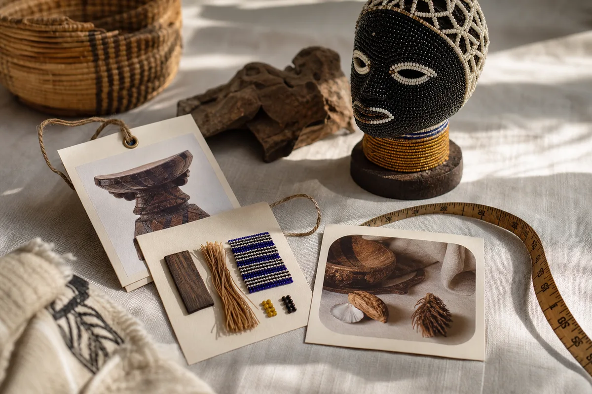 Provenance and care documents displayed next to a beaded African sculpture.