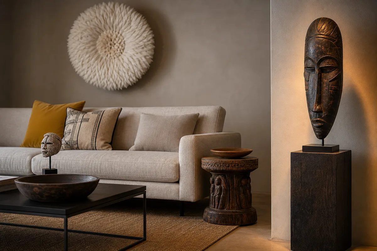 Modern living room pairing a juju hat and Bamileke stool with minimalist furniture.