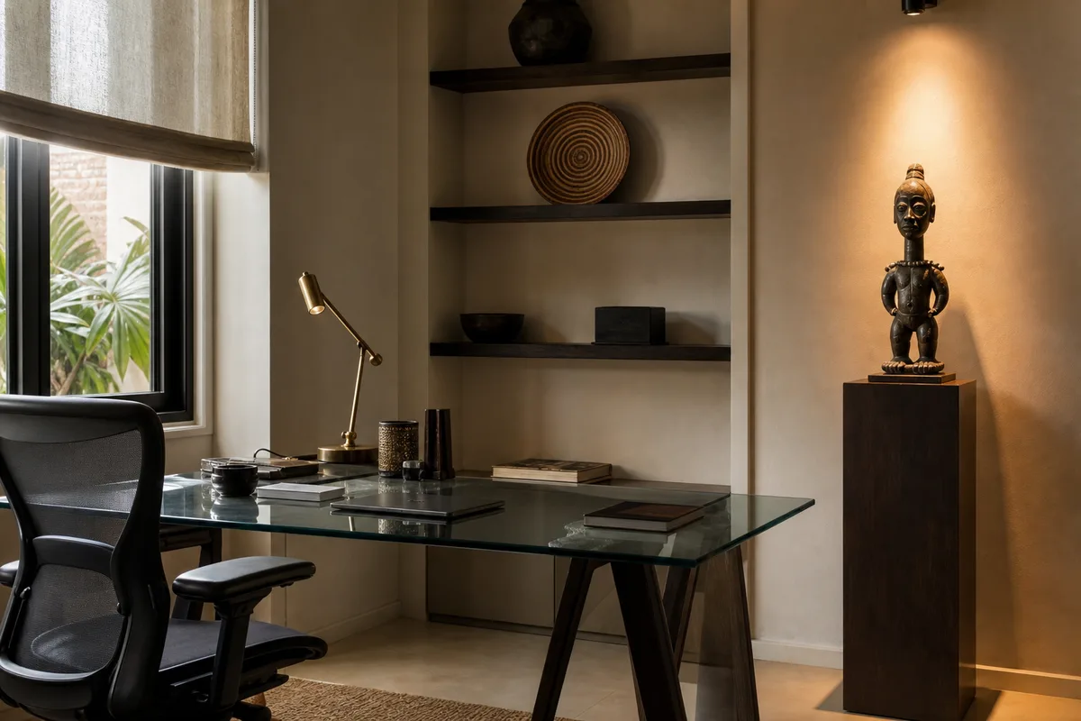 Contemporary home office featuring a small African sculpture on a plinth beside a glass desk.
