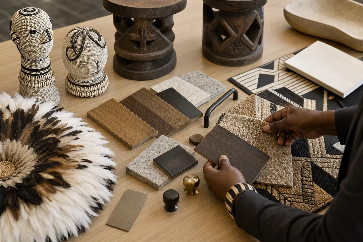 Moodboard with African-inspired materials and forms for a cohesive hotel decor program