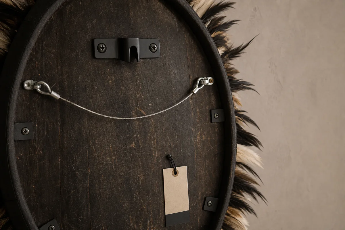 Secure mounting details and care label on an African shield for hospitality use