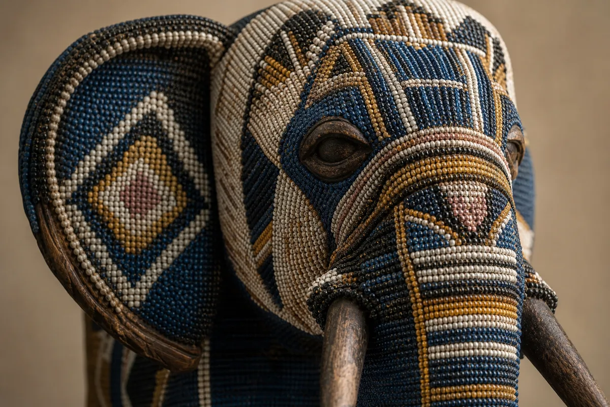 Close-up of Cameroonian beaded elephant head showing glass beads and geometric motifs