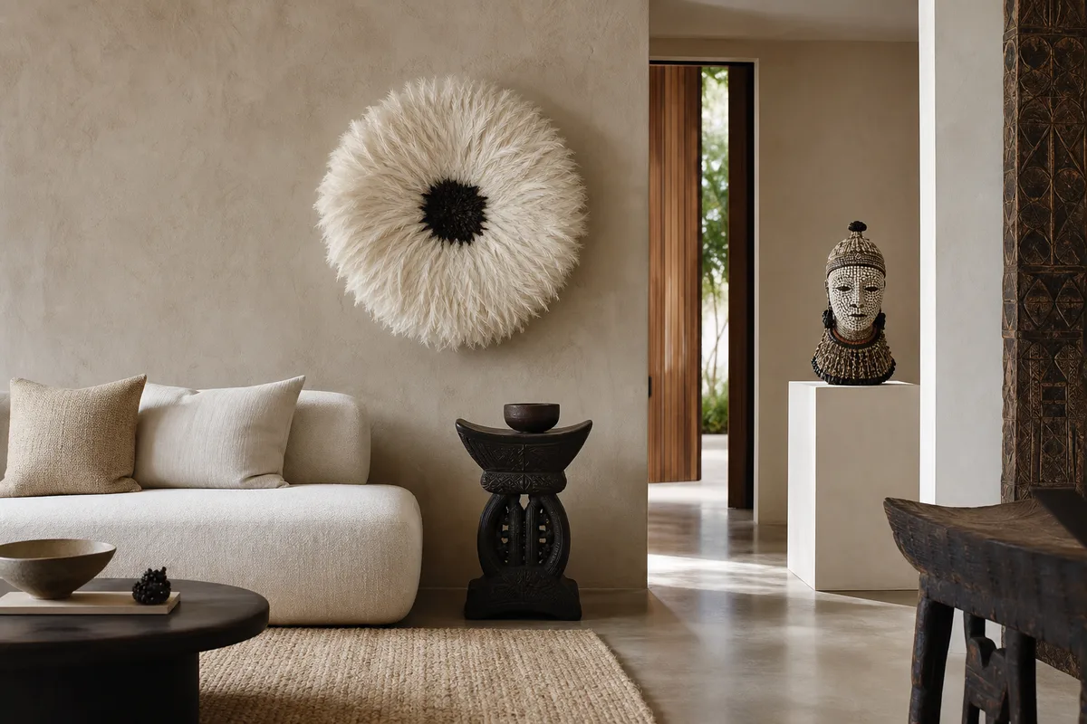 Modern living room styled with a Bamileke stool side table and white juju hat on the wall