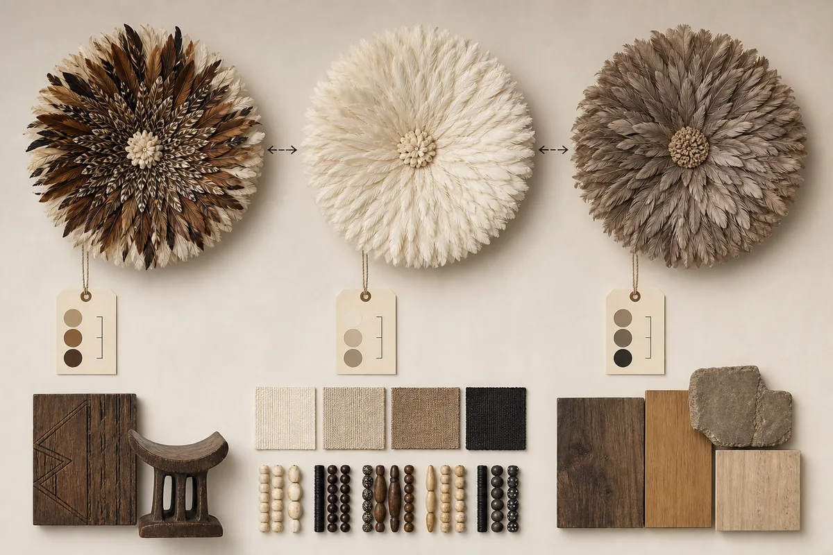 Moodboard showing Juju Hats in three approved tones with wood and bead finish samples.