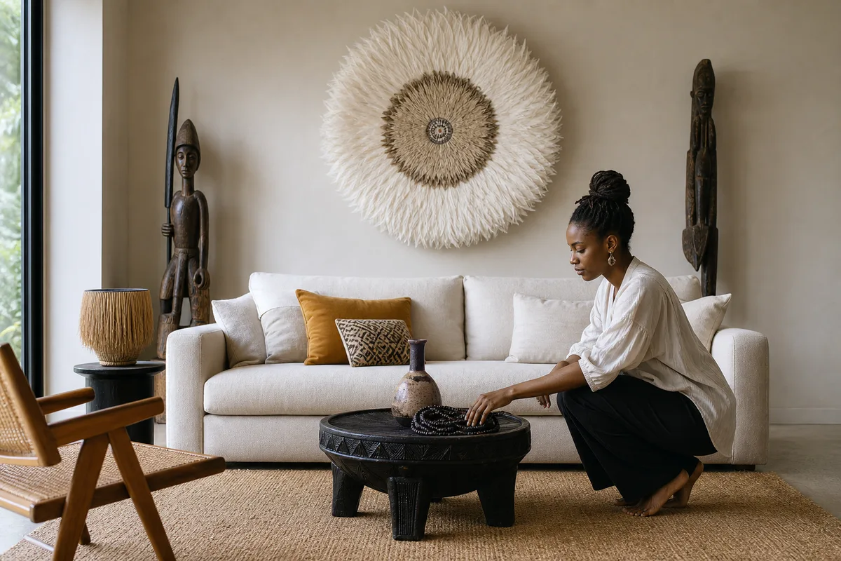 Minimalist living room featuring a Juju Hat above a neutral sofa and a Bamileke stool table with open negative space