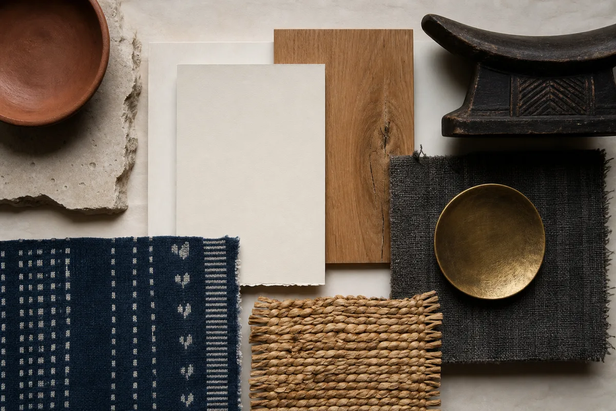Material palette with off-white, warm wood, charcoal, indigo, terracotta, brass and raffia