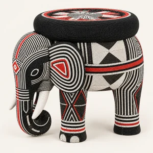 Bamileke beaded elephant stool handcrafted Cameroon with black ivory and red glass beads